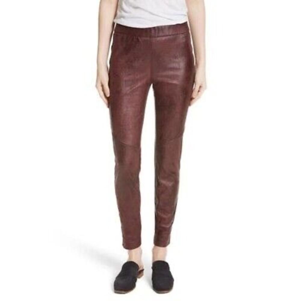 Free People Women's Wine Red Stretchy Pull On Faux-Leather Leggings Size 28